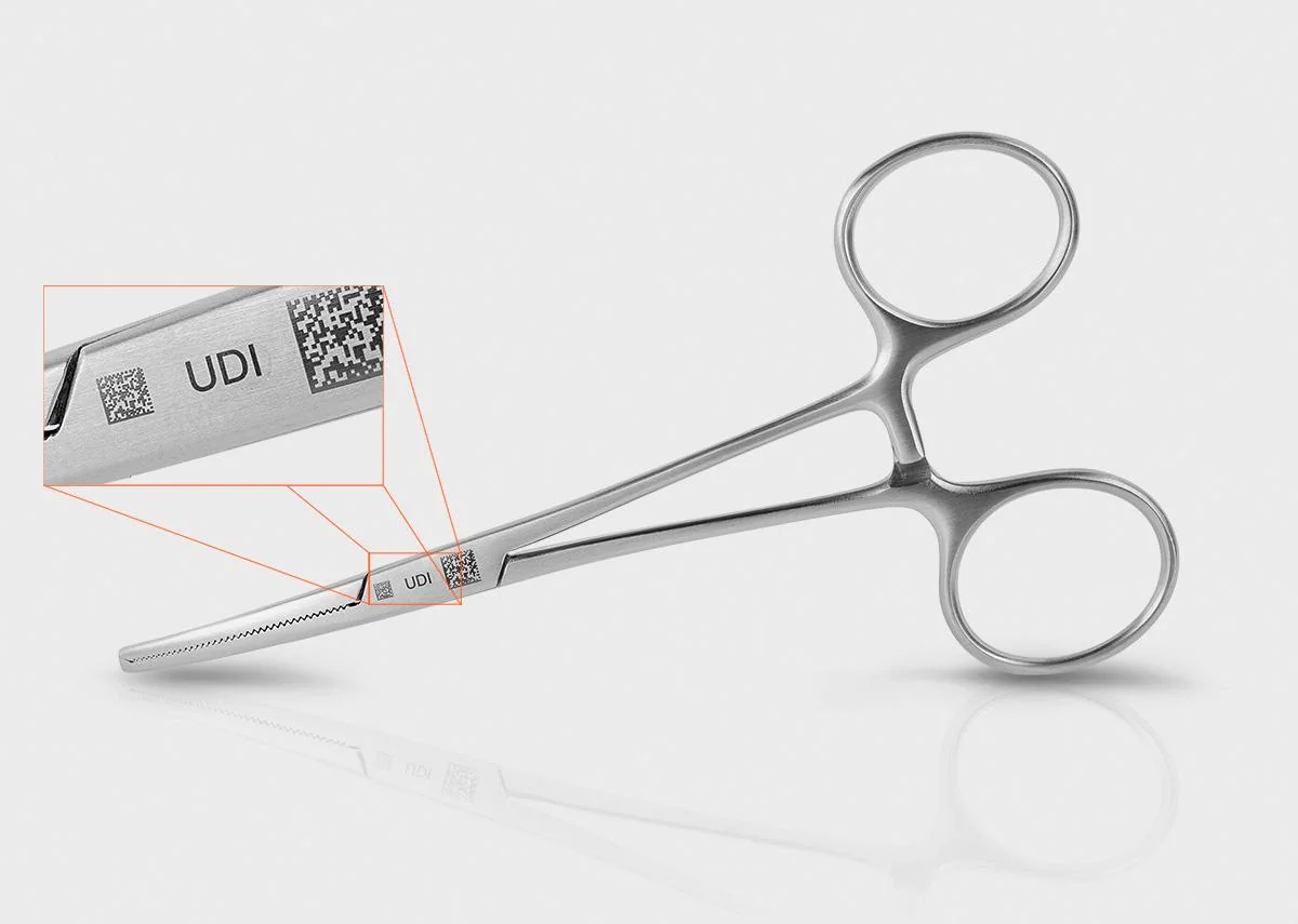 Fiber laser marking UDI on surgical forceps